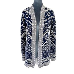 Hippie Rose Geometric Navajo Tribal Open Front Cardigan Sweater Navy Cream S